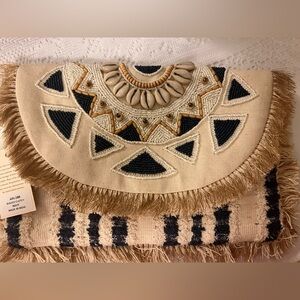 Beaded Fringe Clutch in Black and Cream